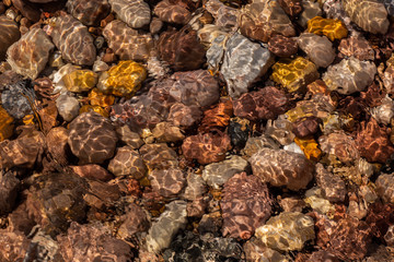 Colourful Pebble beach seen through sea water