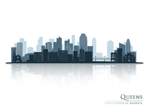 Queens, New York blue skyline silhouette with reflection. Vector illustration.