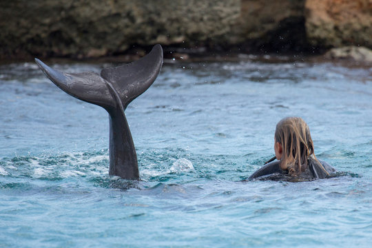 Frau schwimmt mit Delfin im Meer