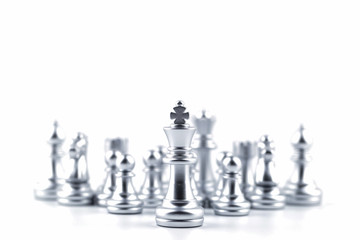 Silver king in chess game with Concept for company strategy,business victory or decision the path to success.