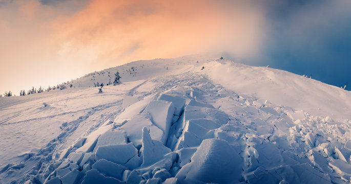 Snow Avalanche In Winter Mountains. Danger Extreme Concept