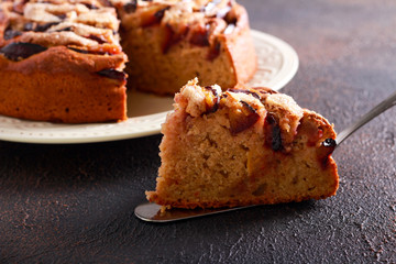 Buttermilk whole wheat plum cake, sliced