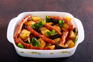 Sausages, potato and zucchini bake