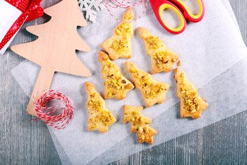 Pistachio topping christmas tree biscuits