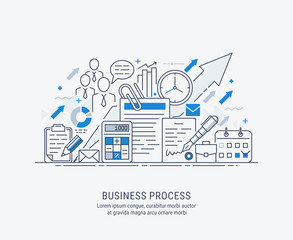 Flat line-art illustration of business process, market research, analysis, planning, business management, strategy, finance and investment, business success. 