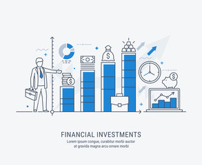 


Flat line-art illustration of financial investment, market research, analysis, planning, business management, strategy, business success. Concept for web banners and printed materials.