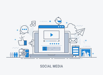 Computer, global networks and social media concept. Flat modern line-art vector illistration.