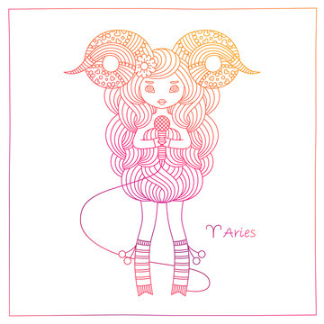 Zodiac sign Aries. Vector hand drawing pink illustration. May be used as a print for your T-shirt design.