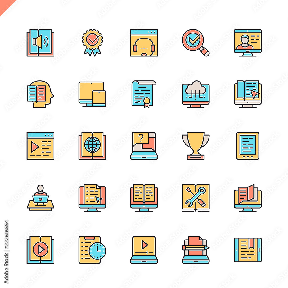 Poster Flat line e-learning, online education elements icons set for website and mobile site and apps. Outline icons design. 48x48 Pixel Perfect. Linear pictogram pack. Vector illustration.
