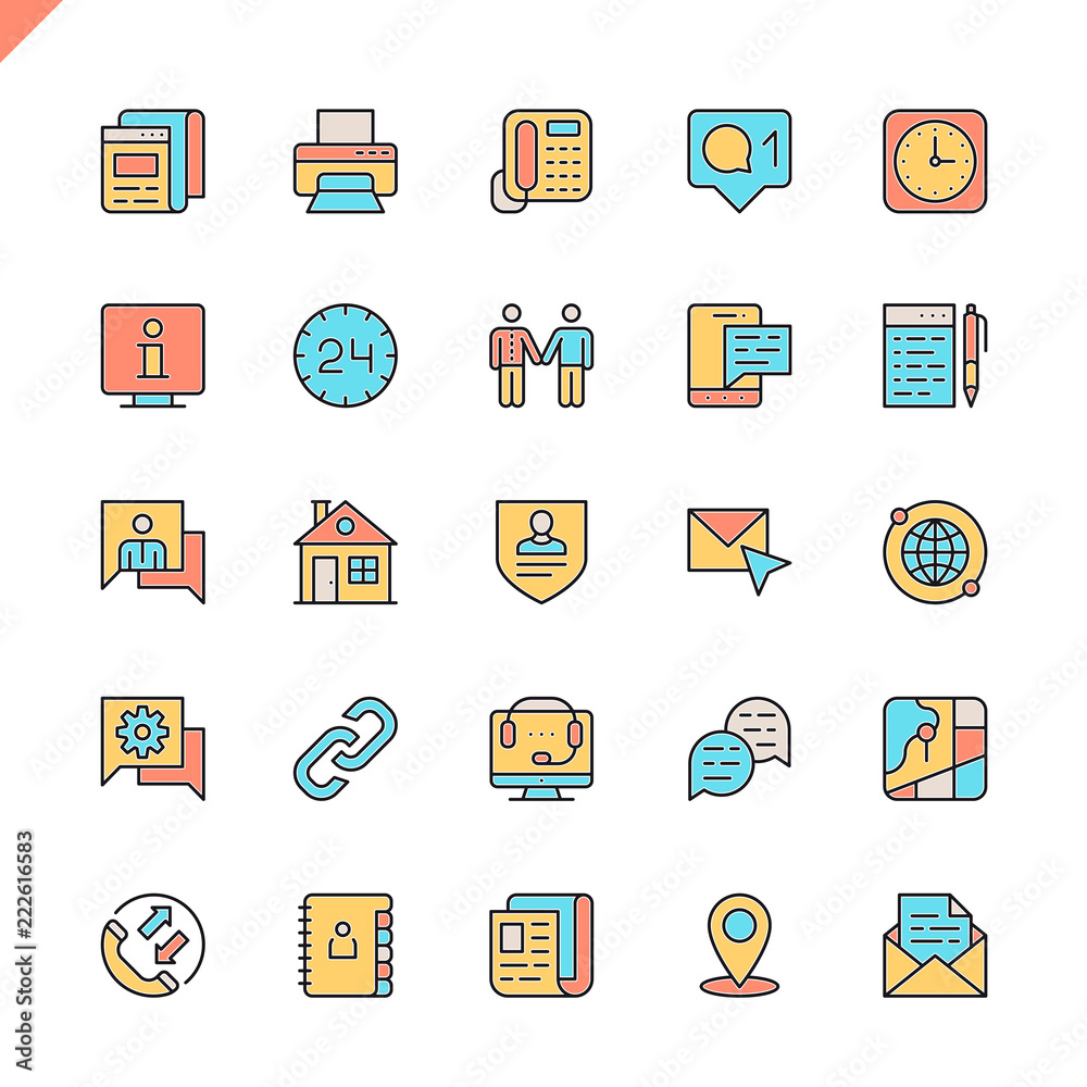 Poster Flat line contact us icons set for website and mobile site and apps. Outline icons design. 48x48 Pixel Perfect. Linear pictogram pack. Vector illustration.