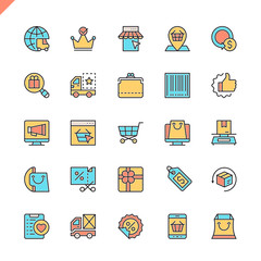 Flat line e-commerce, online shopping and delivery elements icons set for website and mobile site and apps. Outline icons design. 48x48 Pixel Perfect. Linear pictogram pack. Vector illustration.