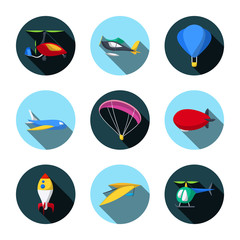 Vector Set of Air Transport Icons. Autogyro. Seaplane. Balloon. Aircraft. Paraglider. Airship. Rocket. Hang-Glider. Helicopter. Flat style