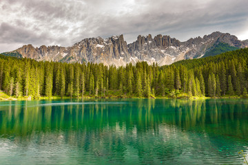 Lake Karersee (Lago di Carezza), South Tyrol, Italy.
