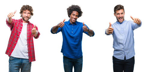 Collage of group of african american and hispanic men over isolated background approving doing positive gesture with hand, thumbs up smiling and happy for success. Looking at the camera