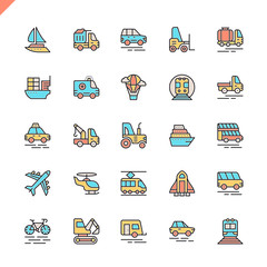Flat line transport, vehicle and delivery elements icons set for website and mobile site and apps. Outline icons design. 48x48 Pixel Perfect. Linear pictogram pack. Vector illustration.