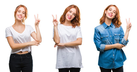 Obraz premium Collage of young beautiful redhead woman over isolated background smiling with happy face winking at the camera doing victory sign. Number two.