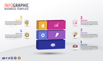 Business Infographics template block style with 5 steps, options, Vector illustration