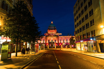 Nightlife with city hall in Belfast, UK