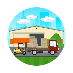 Obraz na płótnie Canvas Icon of Transport Services , Forklift Loads or Unloads Boxes from a Lorry in front of the Warehouse, Transportation and Storage, Vector Illustration