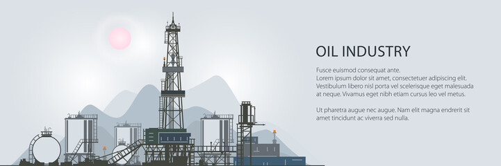 Oilfield Banner, Drilling Oil or Natural Gas Rig with Outbuildings and Tanks and Cisterns, Poster Brochure Flyer Design, Vector Illustration