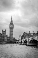 Big Ben and Houses of Parliament, London, UK, photo in black and white.