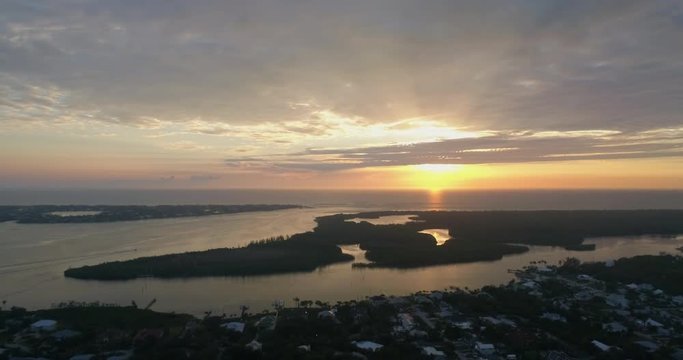Aerial View of Stuart Florida and Sunset Over the Atlantic Ocean