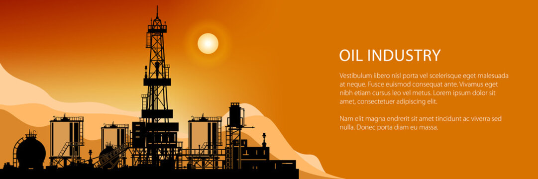 Silhouette Oil or Natural Gas Drilling Rigs on a Background of Mountains at Sunset,Silhouette Drilling Platform with Outbuildings and Tanks and Cisterns Banner , Vector Illustration