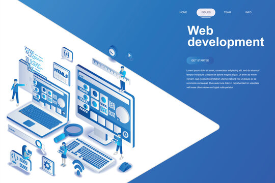 Web development modern flat design isometric concept. Developer and people concept. Landing page template. Conceptual isometric vector illustration for web and graphic design.