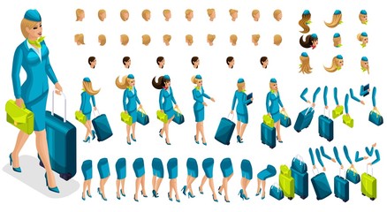Isometry constructor stewardess, a large set of gestures of the legs, hands, hairstyles, emotions of the girl. Create your character in isometric, a set of accessories and