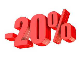 20 percent discount 3d rendered red text isolated on white background
