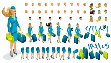 Isometry constructor stewardess, a large set of gestures of the legs, hands, hairstyles, emotions of the girl. Create your character in isometric, a set