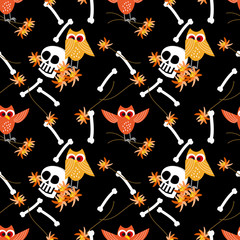 Halloween owl and skull seamless pattern. Horror Halloween concept.