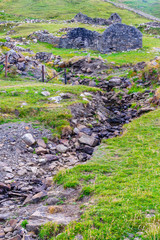 Ruins in Cliffs of Moher trail with rocks and vegetation