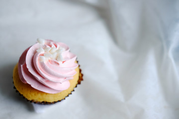 Pink Cupcake on white Tablecloth. Copy Space