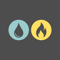 Fire and water flat vector icons. Flame and drop flat vector icons