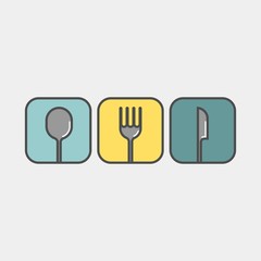 Tableware flat vector icons. Spoon, fork, knife flat vector icons