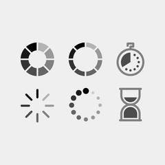 Waiting flat vector icons set. Stopwatch, hourglass, loader flat vector icons