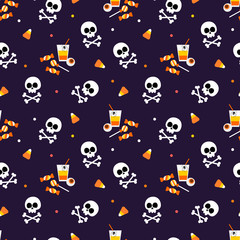 Halloween candy corn and skull seamless pattern. Cute Halloween concept.