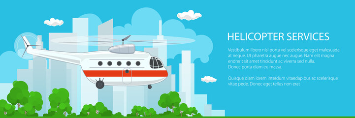 Banner Air Transportations, Helicopter on the Background of the City Flies to the East and Text , Vector Illustration