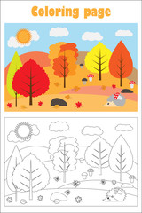 Autumn forest in cartoon style, coloring page, education paper game for the development of children, kids preschool activity, printable worksheet, vector illustration