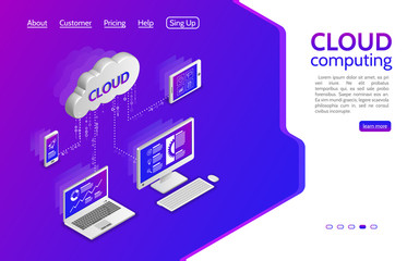 Illustration cloud security system with computer, laptop, tablet and smartphone. 3d remote data storage. Isometric cloud computing services concept.