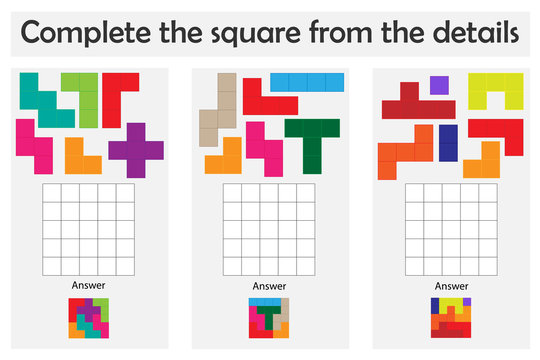 Puzzle game with colorful details for children, complete the square, level 3, education game for kids, preschool worksheet activity, task for the development of logical thinking, vector illustration