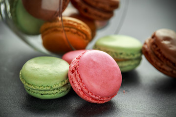 Sweet colorful macarons dessert, almond cake, cookies. selected focus.