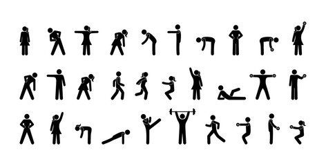 pictogram people, gymnastics, fitness and yoga, various poses and movements, men and women icon set, human silhouettes isolated