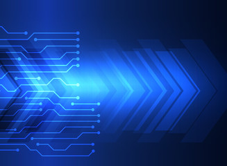 Abstract blue engineering technology system, circuit board and futuristic arrow. Vector background.
