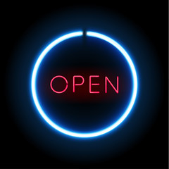 Blue neon open sign circle shape on a black background.  Vector illustration.
