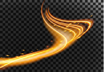 Gold glitter wave light effect with glowing wavy lines and sparkles isolated on transparent special effects. Vector illustration