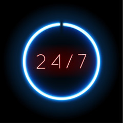 Blue neon open 24 hours 7 days sign circle shape on a black background.  Vector illustration.