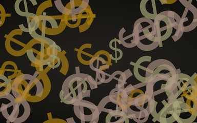 Multicolored translucent dollar signs on dark background. Orange tones. 3D illustration