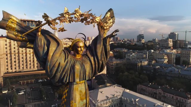 City of Kyiv Independence Square, aerial. City landscape center of kiev against sunrise